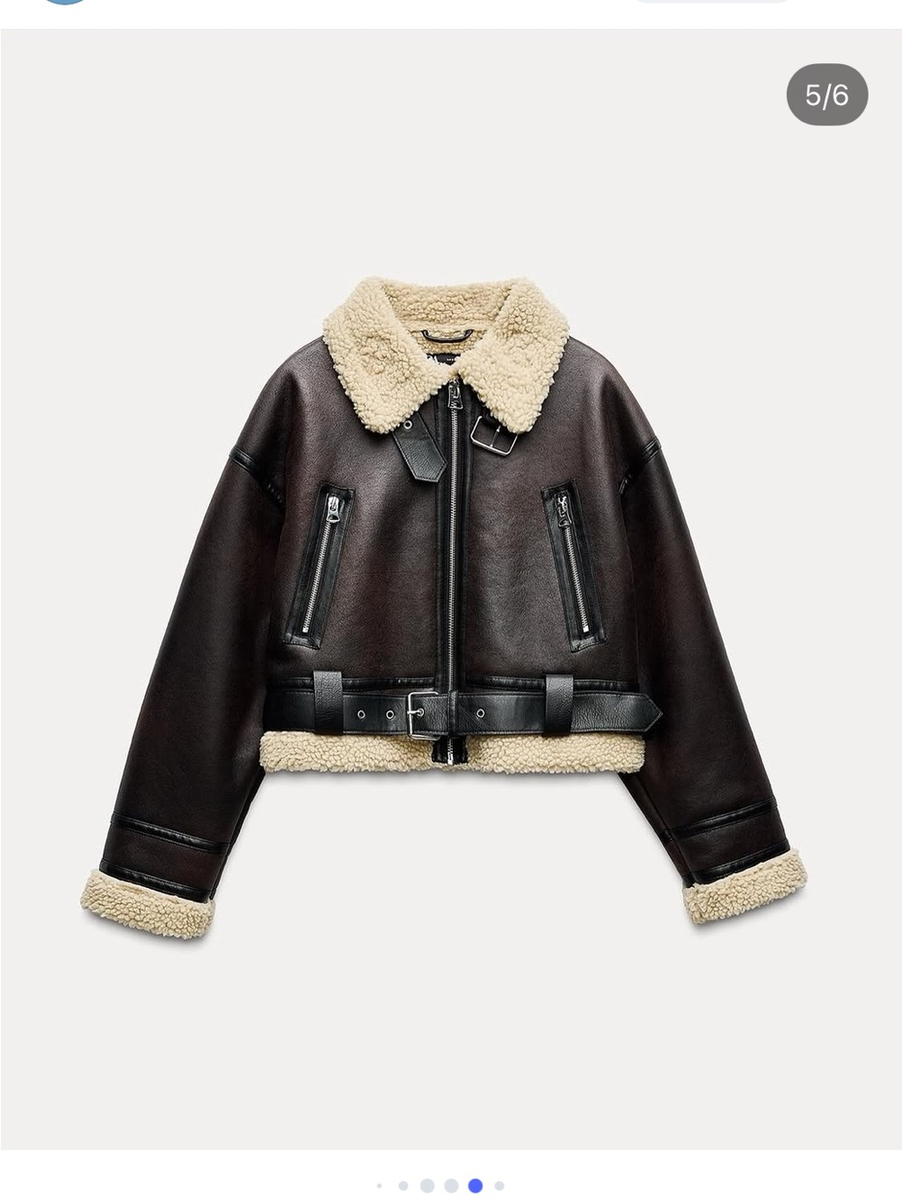 Zara Dark Brown Bomber Jacket with Cream Shearling Collar